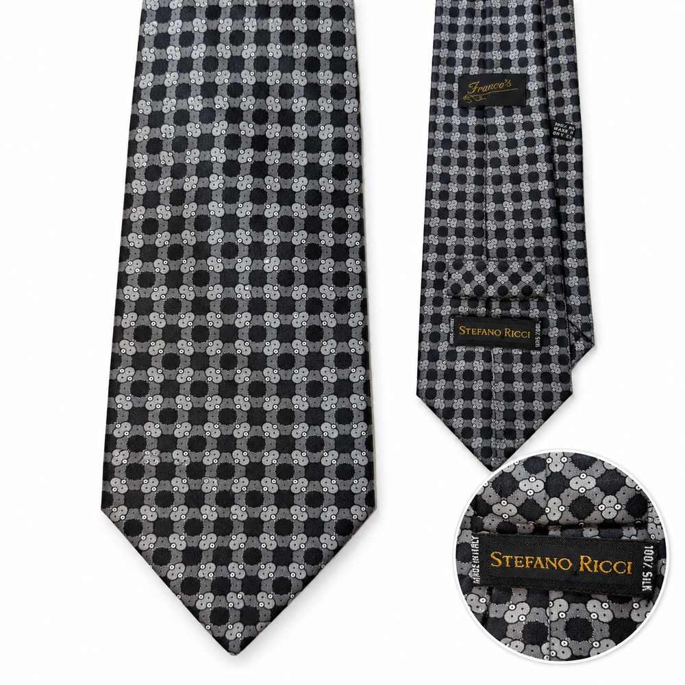 Stefano Ricci Tie Mens Silk Geometric Floral Medallion Gray Black Made in Italy